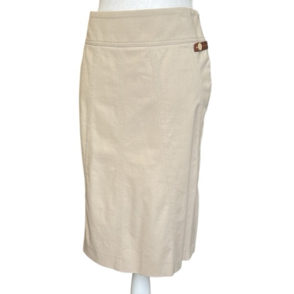 Gunex Light Beige Stretch Cotton Pencil Skirt with Brown Leather Accents Size 8